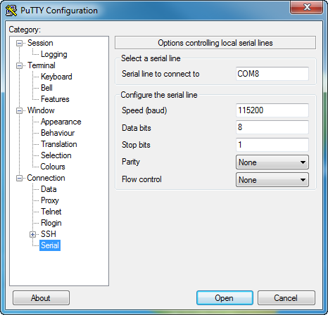 Configure the connection by using the PuTTY Configuration dialog box.