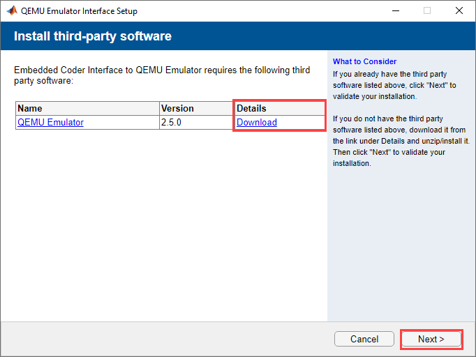 Use the install-third-party-software window to setup the QEMU emulator interface.