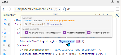 Code view display that shows the definition, model elements, and code metrics for variable CD_measured.dti.