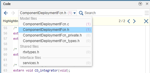 Code view display of search hit count for each generated code file.