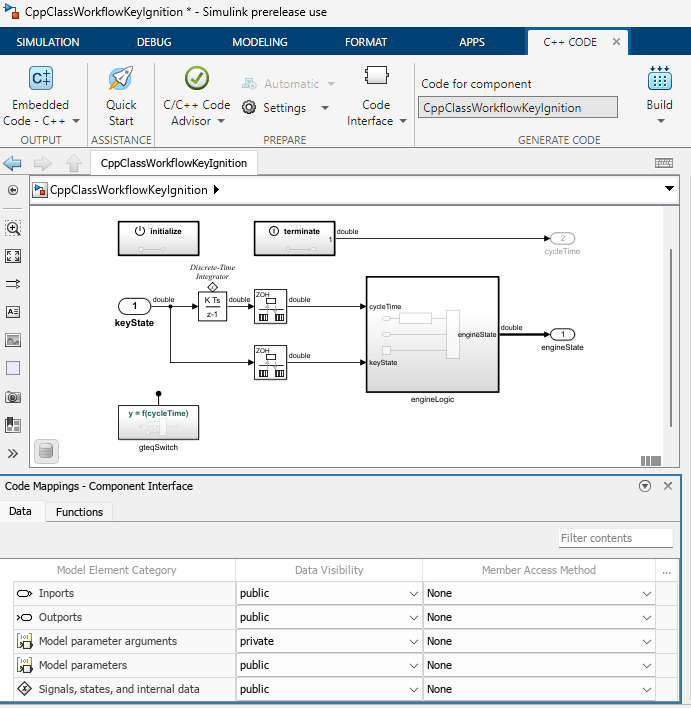 View of the CppClassWorkflowKeyIgnition model in Simulink. The toolstrip is at the top. The Simulink model is in the middle. The Code Mappings pane is at the bottom. The Data tab in the Code Mappings pane is selected. The Code view pane is on the right.