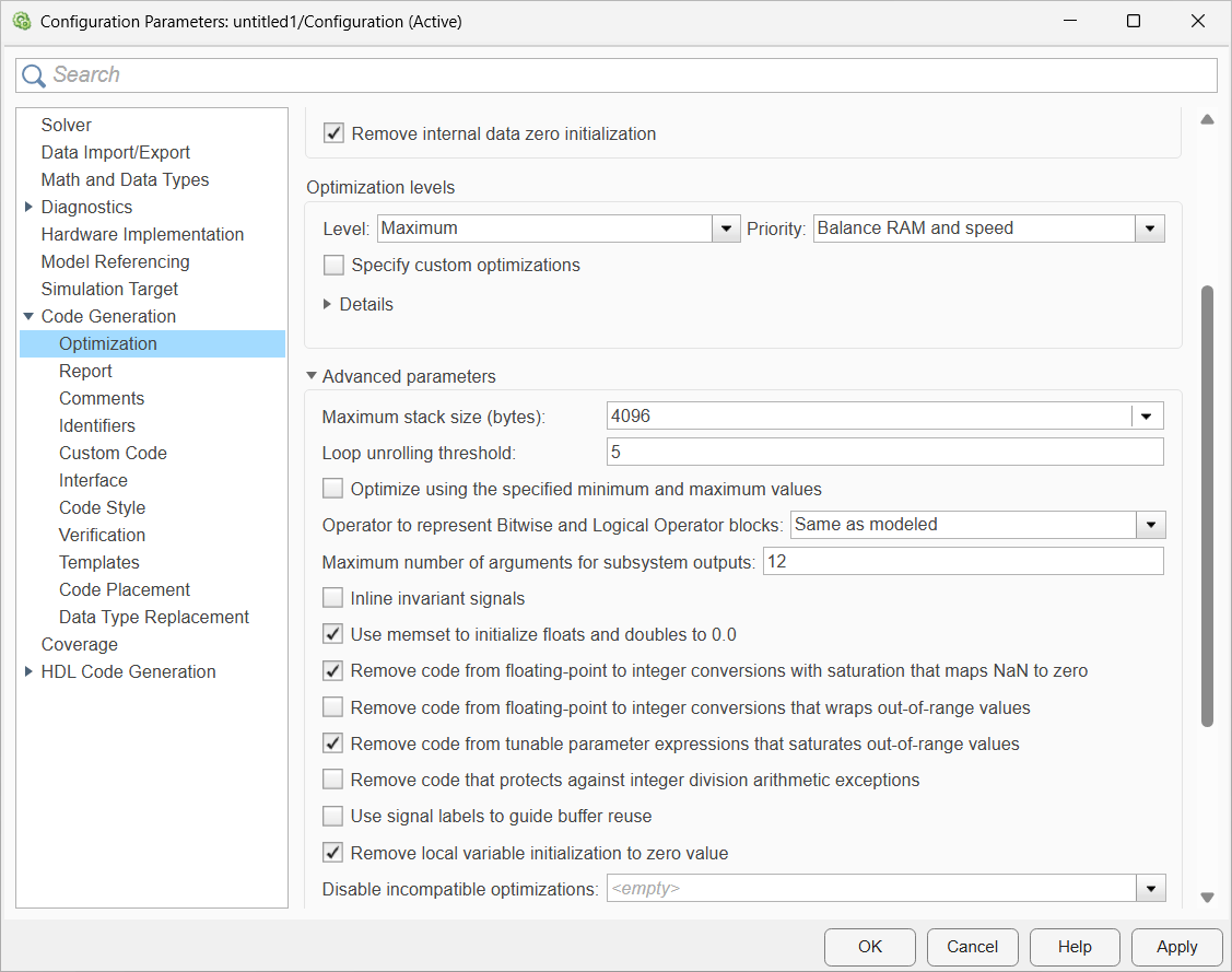Configuration parameters window showing the maximum stack size option.