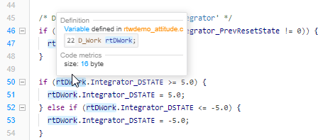 Generated code showing cursor hovering over rtDwork variable and box with code definition and code metrics details.