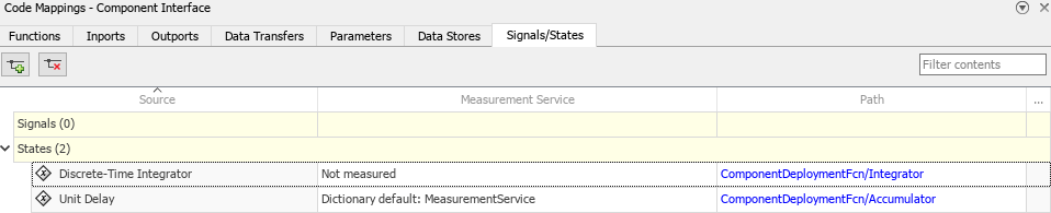 Measurement service for Discrete-Time Integrator block state configured to 'Not measured' in Code Mappings editor