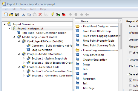 Report Explorer dialog box. On the left pane, the report codegen.rpt is selected and expanded to show the outline of the report.