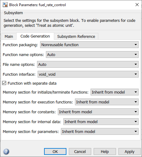 The Code Generation tab additionally displays these parameters: Memory section for constants, Memory section for internal data, and Memory section for parameters.