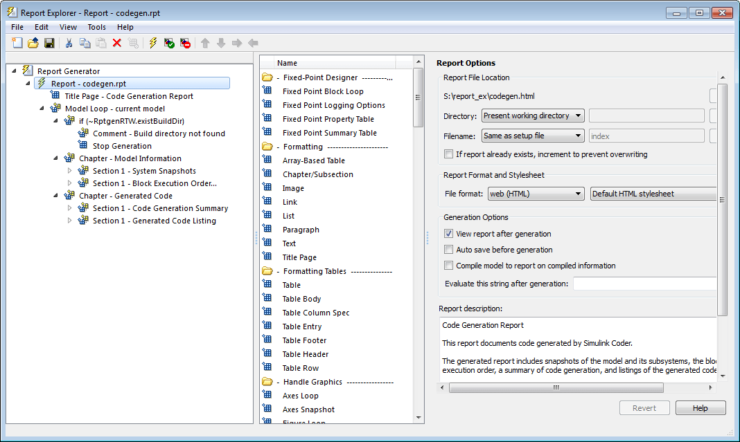Report Explorer dialog box. On the left pane, the report codegen.rpt is selected. The Report Options pane to the right shows options for the report.