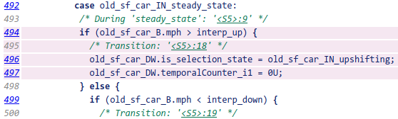 Generated code with four lines for a state transition highlighted.