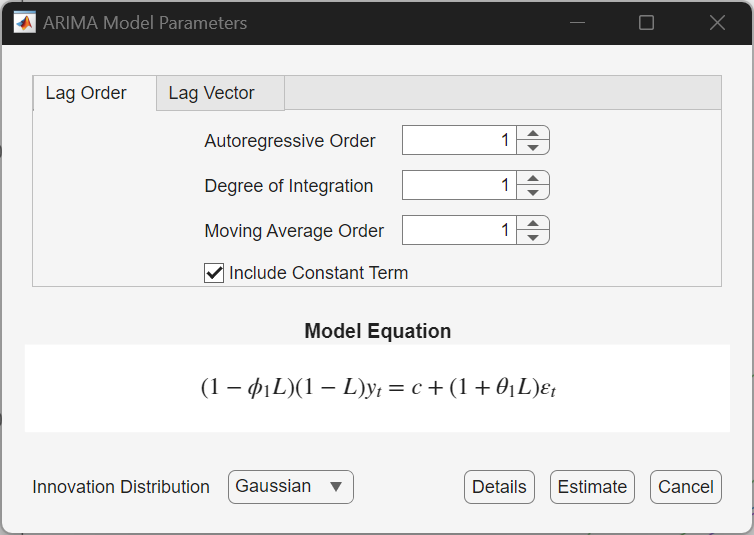 ARIMA(1,1,1) Model Parameters dialog in Econometric Modeler
