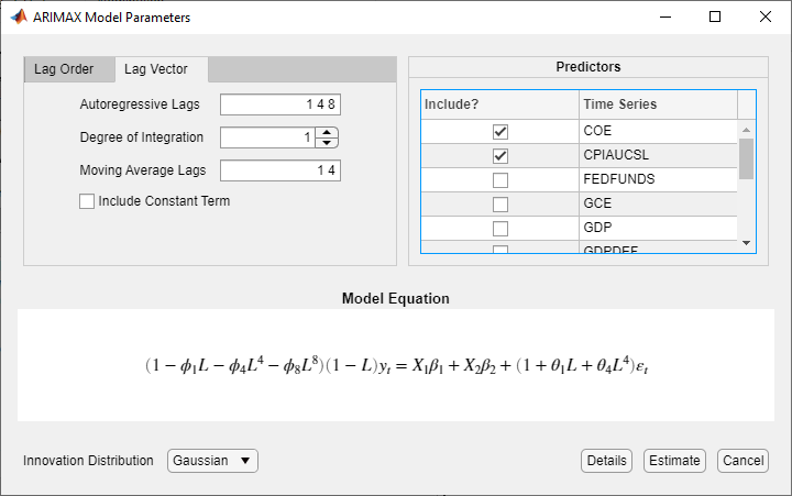 The ARIMAX Model Parameters dialog box has the "Lag Vector" tab selected. Autoregressive lags is set to 1 4 8. Degree of Integration is 1 and Moving Average Lags is set to 1 4. The check box next-to "Include Constant Term" is unselected. The Predictors section is at the far right, and time series COE and CPIAUCSL are selected via check boxes. The Model Equation section is at the bottom.