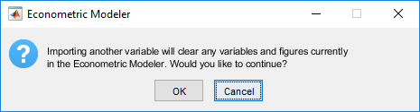 Econometric Modeler dialog box says "Importing another variable will clear any variables and figures currently in the Econometric Modeler. Would you like to continue?" The button options below the message are OK and Cancel, and the screen shot shows Cancel button selected.
