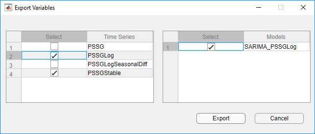 This is a screen shot of the Export Variables dialog box with Time Series PSSGLog and PSSGStable selected and Model SARIMA_PSSGLog selected. The "Export" and "Cancel" buttons are at the bottom right.