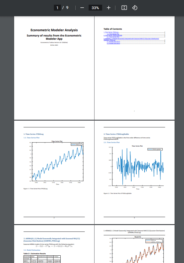 This is a screen shot of the thumbnail images of seven pages in an Econometric Modeler Analysis summary report.