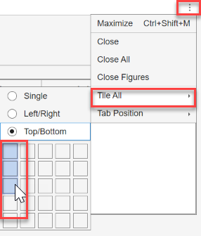 This screenshot shows the Document actions menu, with Tile All expanded and the matrix of positions in the submenu.