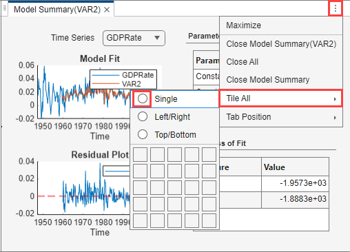 All estimation summaries occupying the four quadrants of the right pane