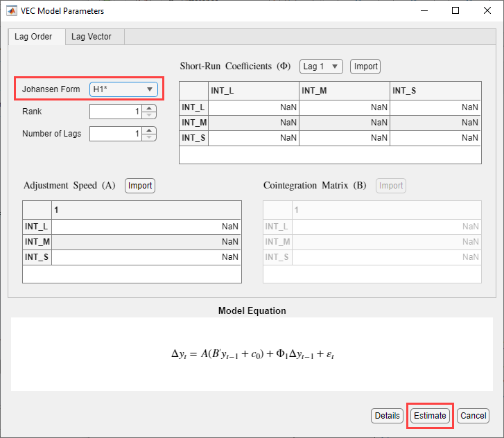 VEC Model Parameters dialog set to fit a VEC(1) model