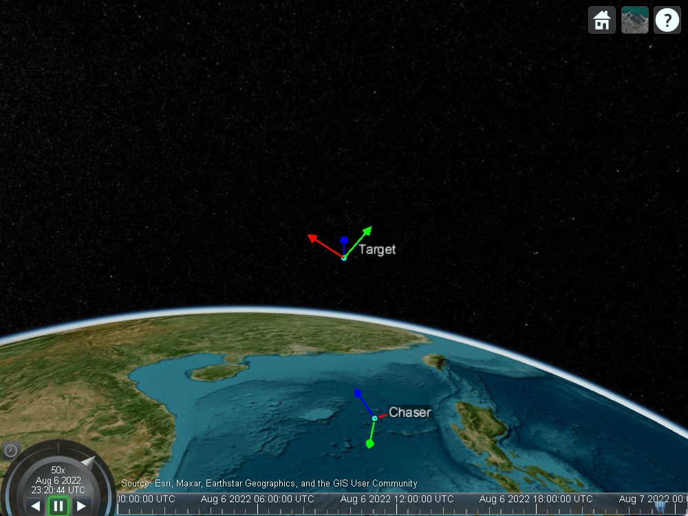 Satellite scenario viewer of chaser and target after two rendezvous maneuvers