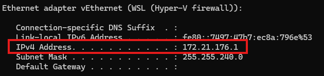 Output of ipconfig in the Windows Command Prompt. The IP address is highlighted by a red rectangle.