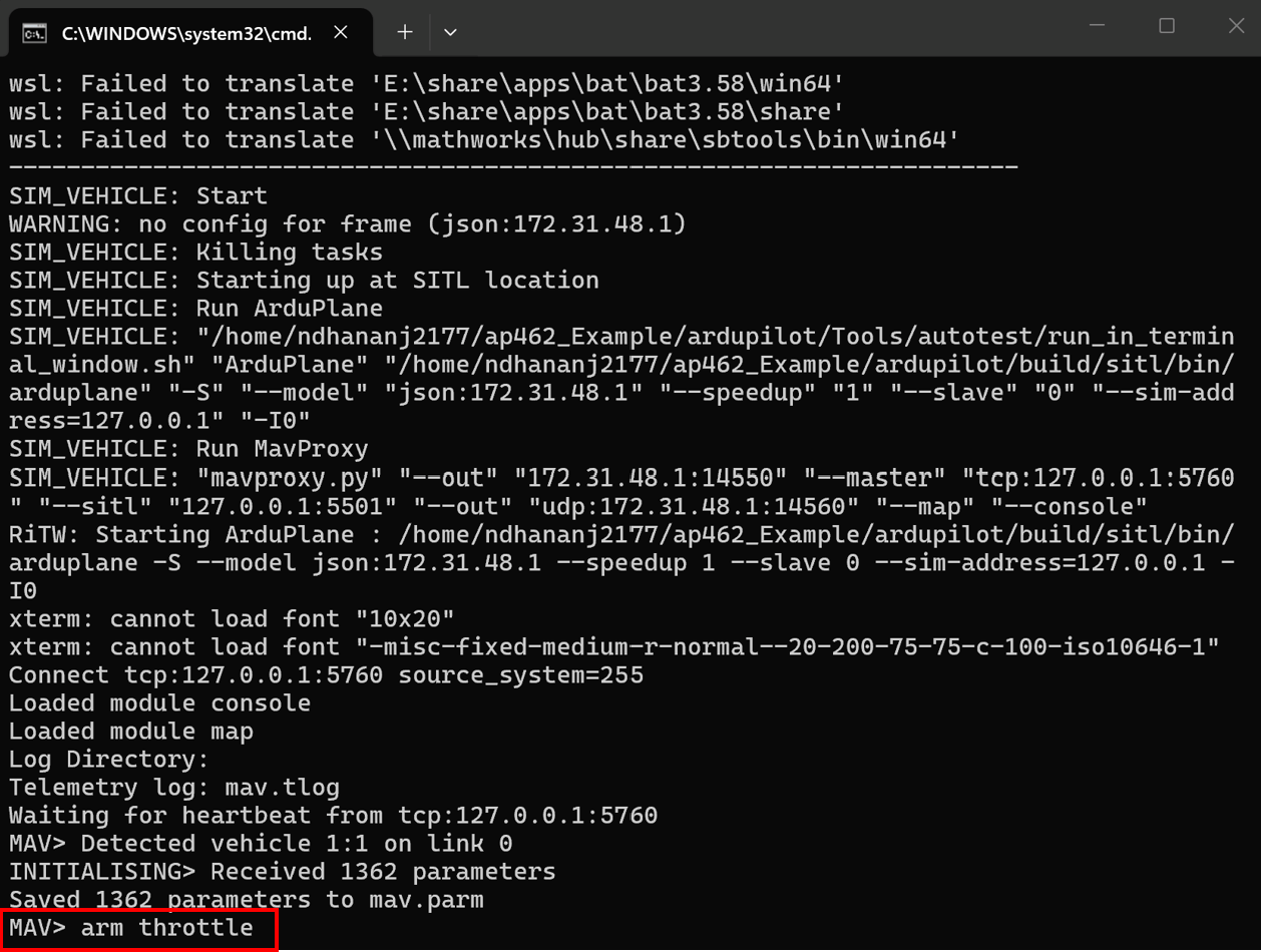 Windows terminal with the arm throttle command.