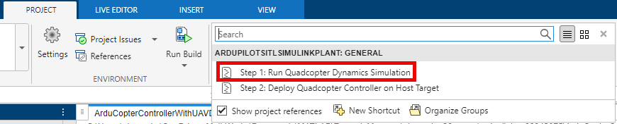 Step 1: Run Quadcopter Dynamics Simulation shortcut in the Shortcuts menu of the Project section.