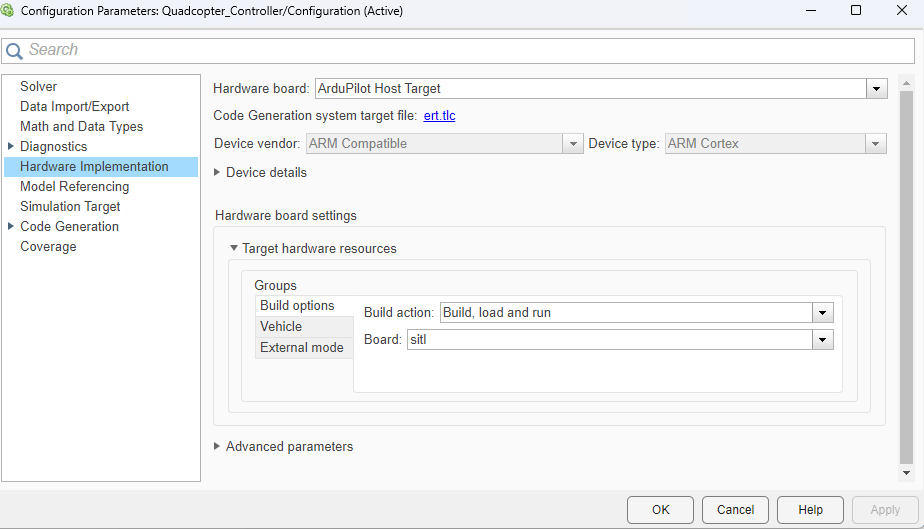 Quadcopter_Controller.slx model settings, showing the Build options pane.