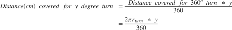 $$\begin{array}{cl} Distance(cm)\ covered\ for\ y\ degree\ turn &= \frac{{\ Distance\ covered\ for\ 360^o\ turn}{\ *\ y}}{360}\\ &= \frac{{2}{\pi}{r}{_t}{_u}{_r}{_n}{\ *\ y}}{360}\end{array}$$