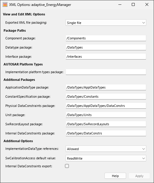 XML options for an AUTOSAR Adaptive architecture model.