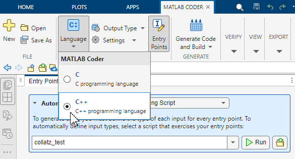 MATLAB Coder tab, showing Language button