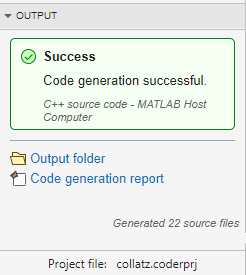 Output section of MATLAB Coder panel
