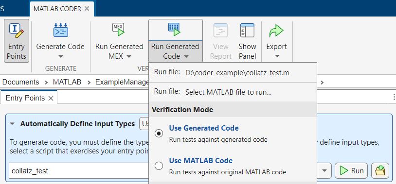 MATLAB Coder tab, showing Run Generated Code button