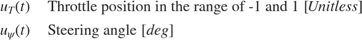 $$ \begin{array} {ll}
u_T(t) \; & \textnormal{Throttle position in the range of -1 and 1} \; [Unitless] \\
u_\psi(t) \; & \textnormal{Steering angle} \; [deg] \\
\end{array} $$