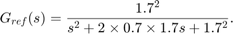 $$ G_{ref}(s) = {1.7^2 \over s^2 + 2 \times 0.7 \times 1.7 s + 1.7^2} . $$