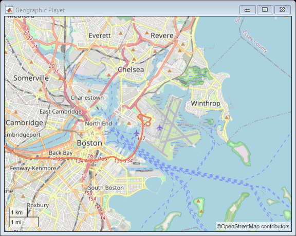 Figure Geographic Player contains an axes object with type geoaxes. The geoaxes object contains 4 objects of type line, scatter.