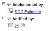 Requirements manager showing that the 25 degree PIL requirement is implemented by the SOC Estimator block and verified by a corresponding test