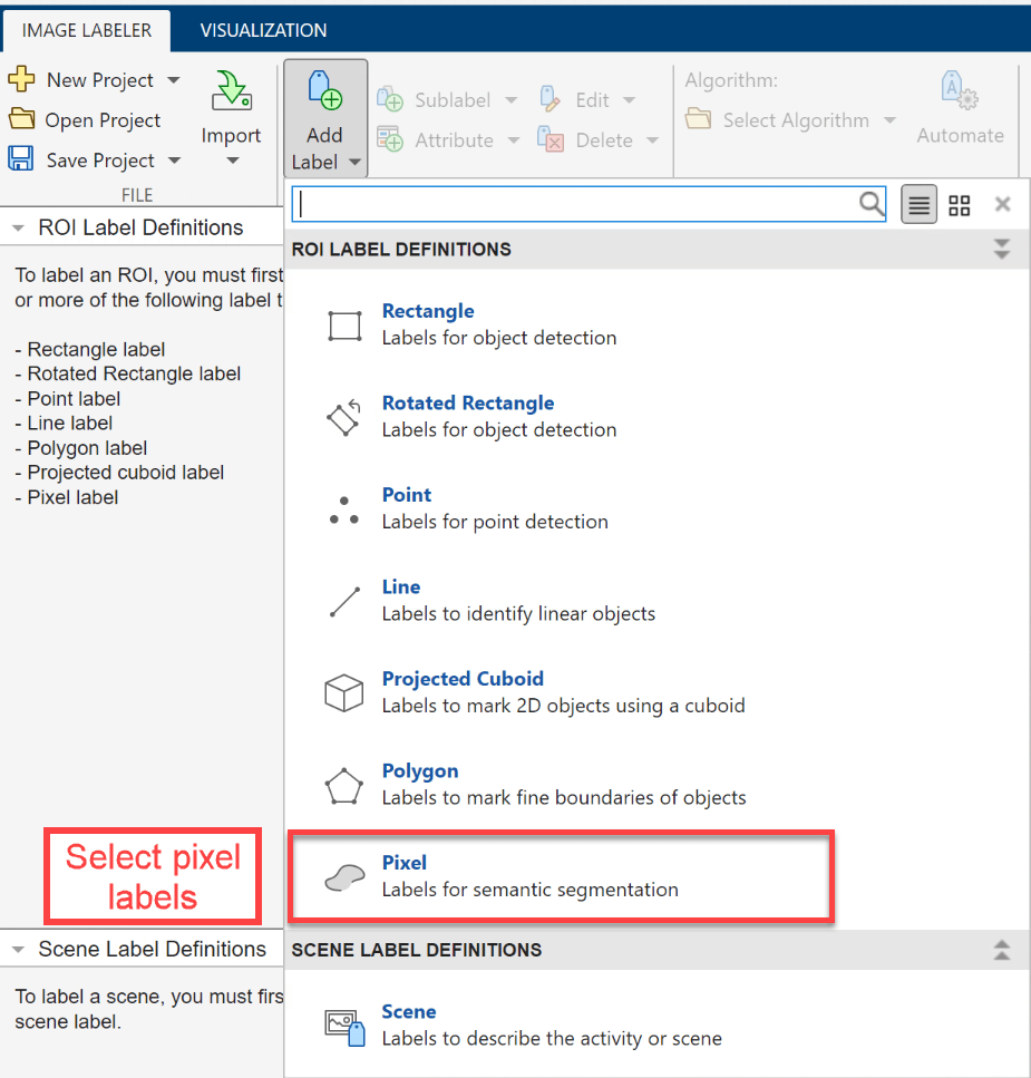 Select Pixel in ROI Label Definitions menu to label pixel labels.