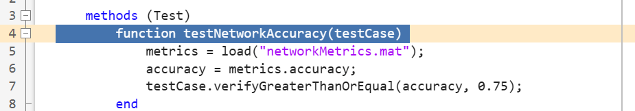 MATLAB test testNetworkAccuracy which verifies that accuracy of the network is at least 0.75.