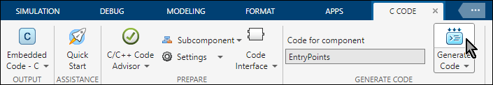 Simulink Toolstrip with the C Code tab selected. The arrow cursor points to the Generate Code button.