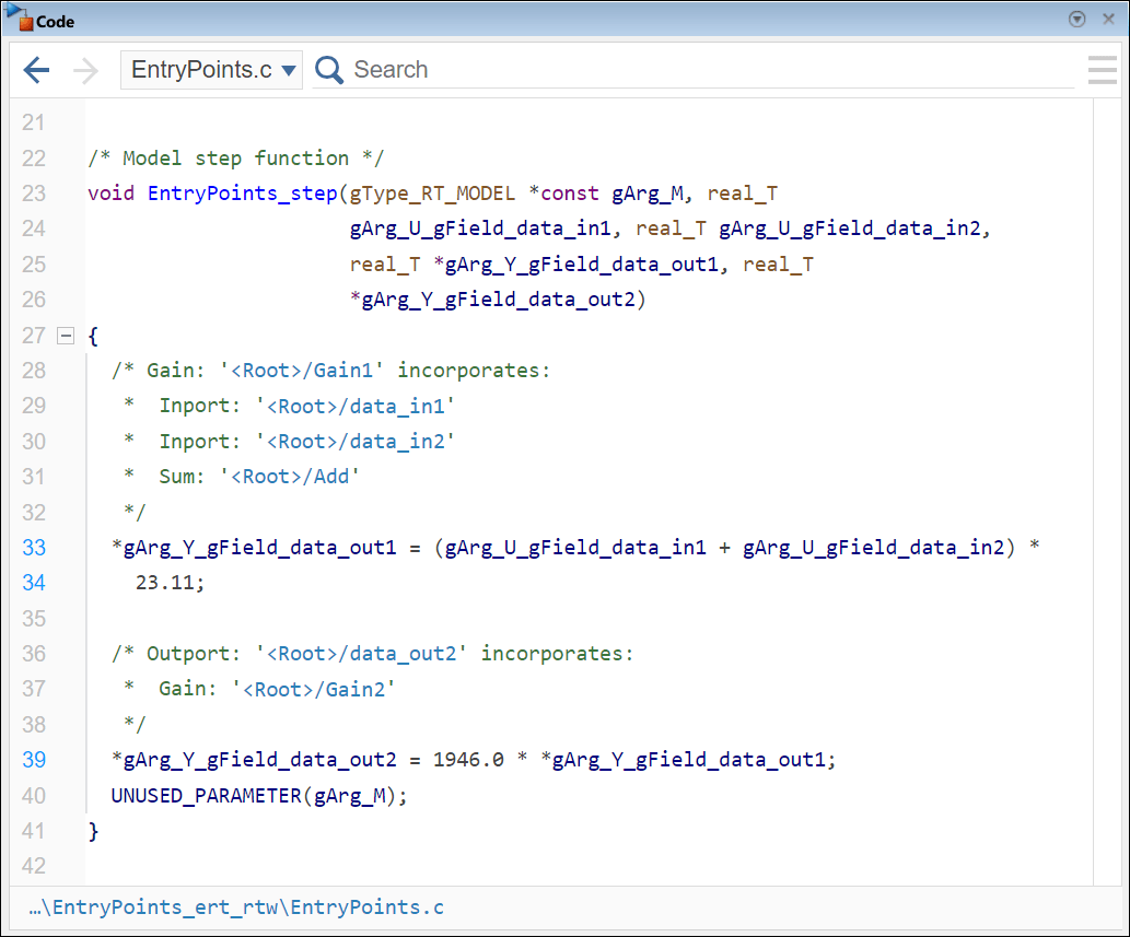 Code pane showing the definition of the function EntryPoints_step in the source code file EntryPoints.c.