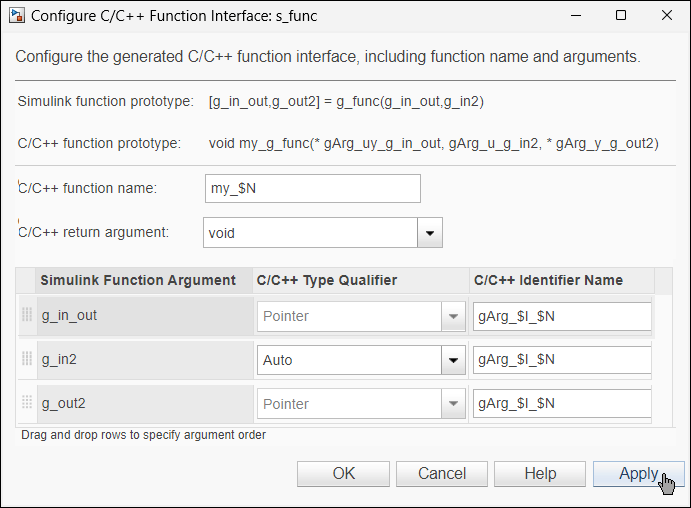 Configure C/C++ Function Interface dialog box with parameters set to customize function arguments.