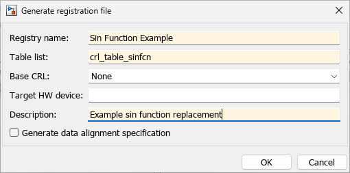 Generate registration file dialog box. The registry name is set to Sin Function Example. Table list is set to crl_table_sinfcn. Base CRL is set to None. Description is set to Example sin function replacement.