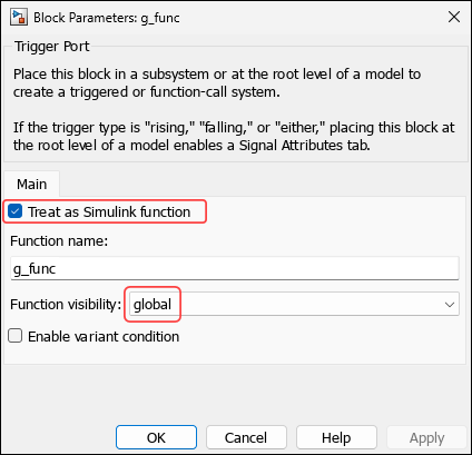 Block Parameters dialog box of g_func.