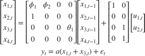 $$\begin{array}{l}
\left[ {\begin{array}{*{20}{c}}
{{x_{1,t}}}\\
{{x_{2,t}}}\\
{{x_{3,t}}}\\
{{x_{4,t}}}
\end{array}} \right] = \left[ {\begin{array}{*{20}{c}}
{{\phi _1}}&{{\phi _2}}&0&0\\
1&0&0&0\\
0&0&0&{{\theta _1}}\\
0&0&0&0
\end{array}} \right]\left[ {\begin{array}{*{20}{c}}
{{x_{1,t - 1}}}\\
{{x_{2,t - 1}}}\\
{{x_{3,t - 1}}}\\
{{x_{4,t - 1}}}
\end{array}} \right] + \left[ {\begin{array}{*{20}{c}}
1&0\\
0&0\\
0&1\\
0&1
\end{array}} \right]\left[ {\begin{array}{*{20}{c}}
{{u_{1,t}}}\\
{{u_{2,t}}}
\end{array}} \right]\\
{y_t} = a({x_{1,t}} + {x_{3,t}}) + {\varepsilon _t}
\end{array}$$