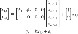 $$\begin{array}{l}
\left[ {\begin{array}{*{20}{c}}
{{x_{1,t}}}\\
{{x_{2,t}}}
\end{array}} \right] = \left[ {\begin{array}{*{20}{c}}
{{\phi _1}}&{{\phi _2}}&0&0\\
1&0&0&0
\end{array}} \right]\left[ {\begin{array}{*{20}{c}}
{{x_{1,t - 1}}}\\
{{x_{2,t - 1}}}\\
{{x_{3,t - 1}}}\\
{{x_{4,t - 1}}}
\end{array}} \right] + \left[ {\begin{array}{*{20}{c}}
1\\
0
\end{array}} \right]{u_{1,t}}\\
{y_t} = b{x_{1,t}} + {\varepsilon _t}
\end{array}$$