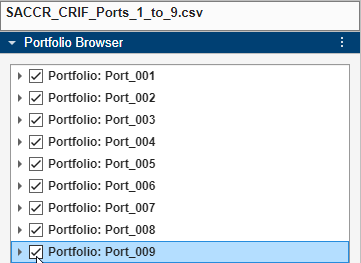 Portfolio Browser pane of SA-CCR Analyzer app, with all nine portfolios selected