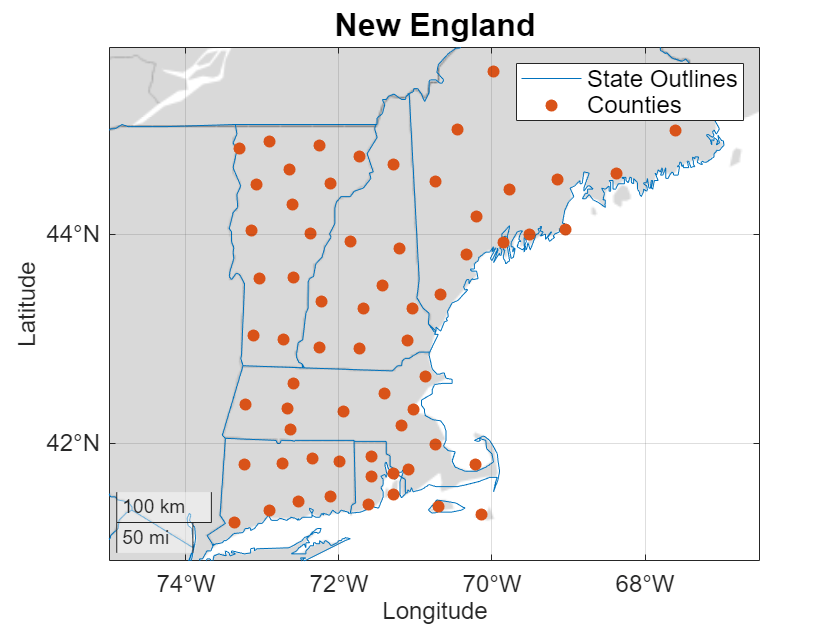 Figure contains an axes object with type geoaxes. The geoaxes object contains 2 objects of type line, scatter. These objects represent State Outlines, Counties.