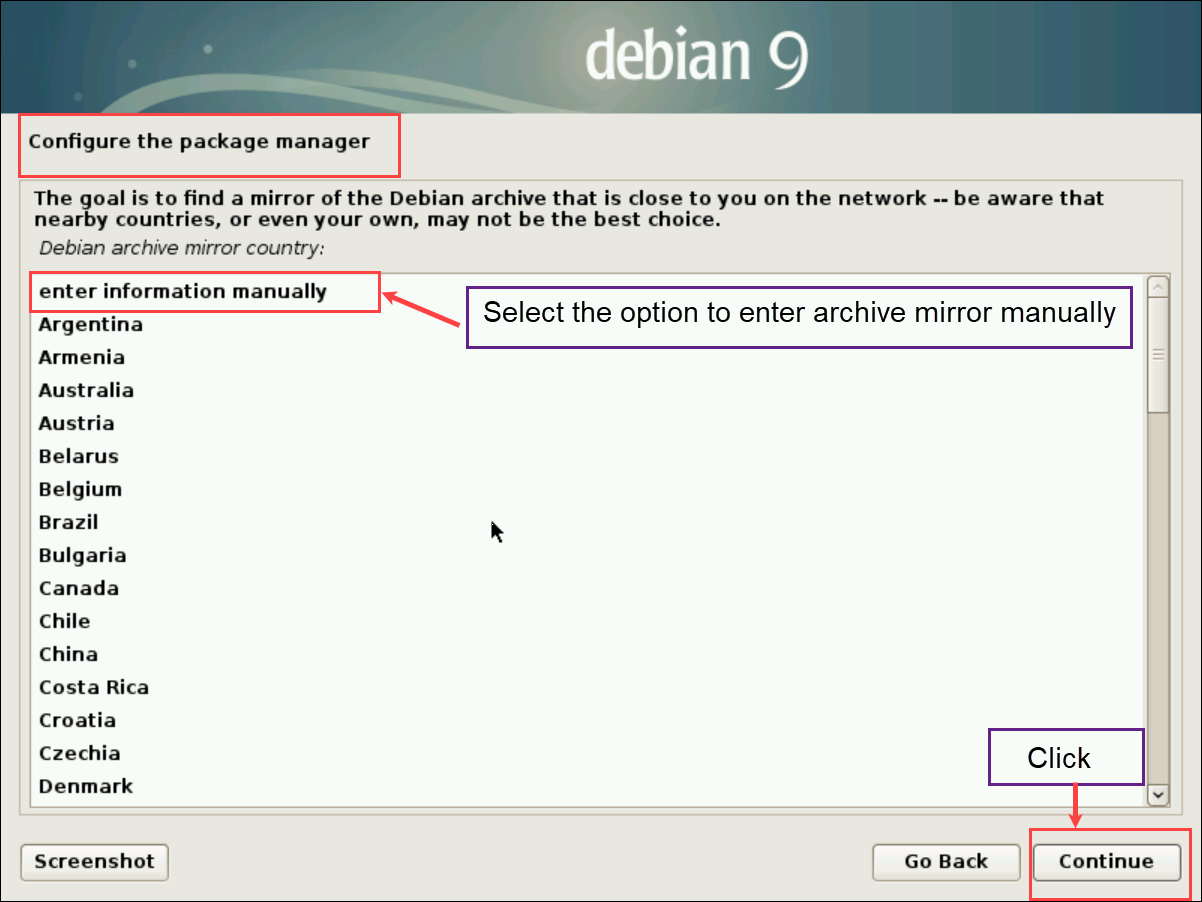 Debian-9 installation step to configure Debian archive mirror country.