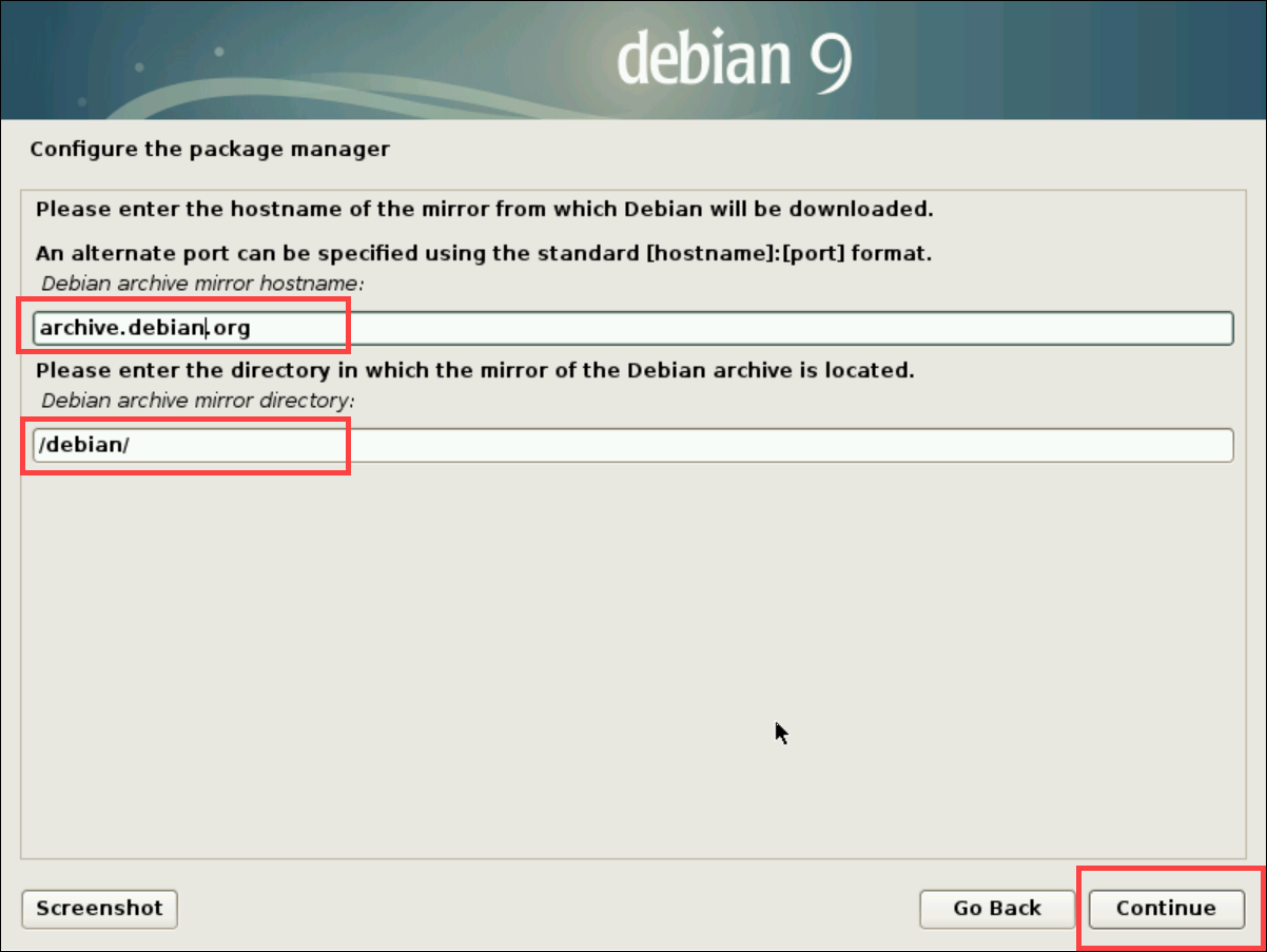 Configure Debian archive mirror hostname and mirror directory
