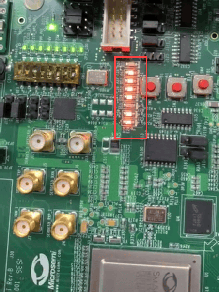 LEDs lit up on a SmartFusion2 board.