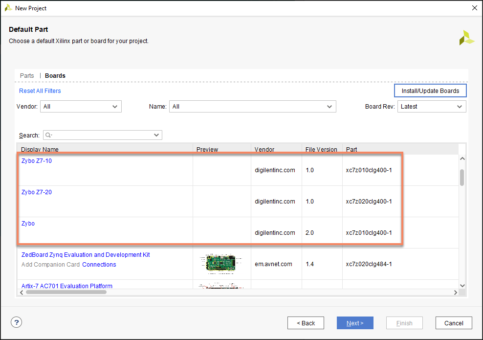 A New Project dashboard highlighting the selection of Zybo boards