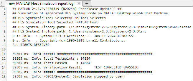 HLS simulation report using MATLAB Desktop Host